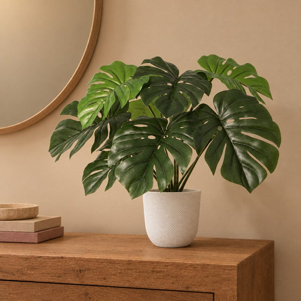 Künstliche Monstera (Monstera deliciosa) mit Übertopf elho Jazz Round Weiß
