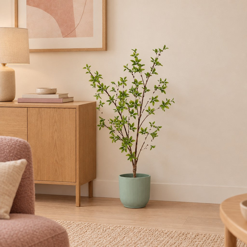 Künstliche Myrte (Myrtus communis) mit Übertopf elho Vibes Fold Round Grün – Raumbild