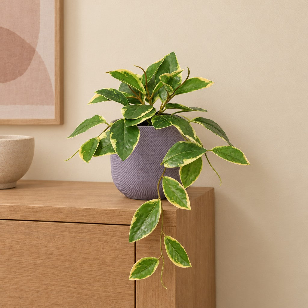 Künstliche Wachsblume Variegata (Hoya) mit Übertopf elho Jazz Round Lavendellila – Raumbild