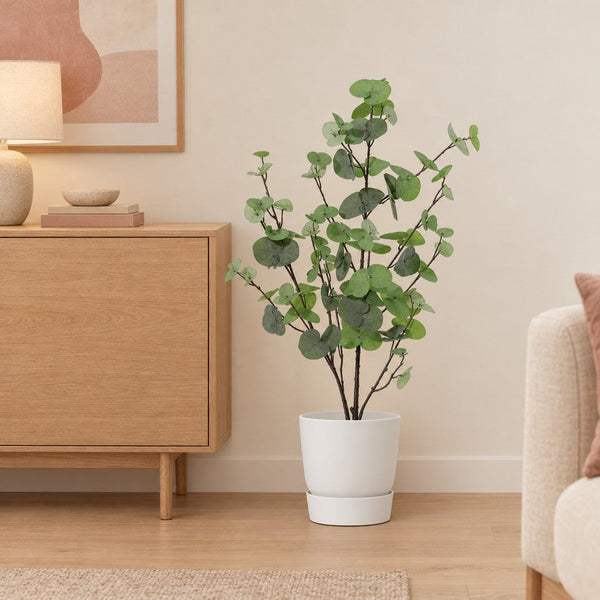 Künstlicher Eukalyptus Grün (Eucalyptus) mit Übertopf elho Greenville Round Weiß