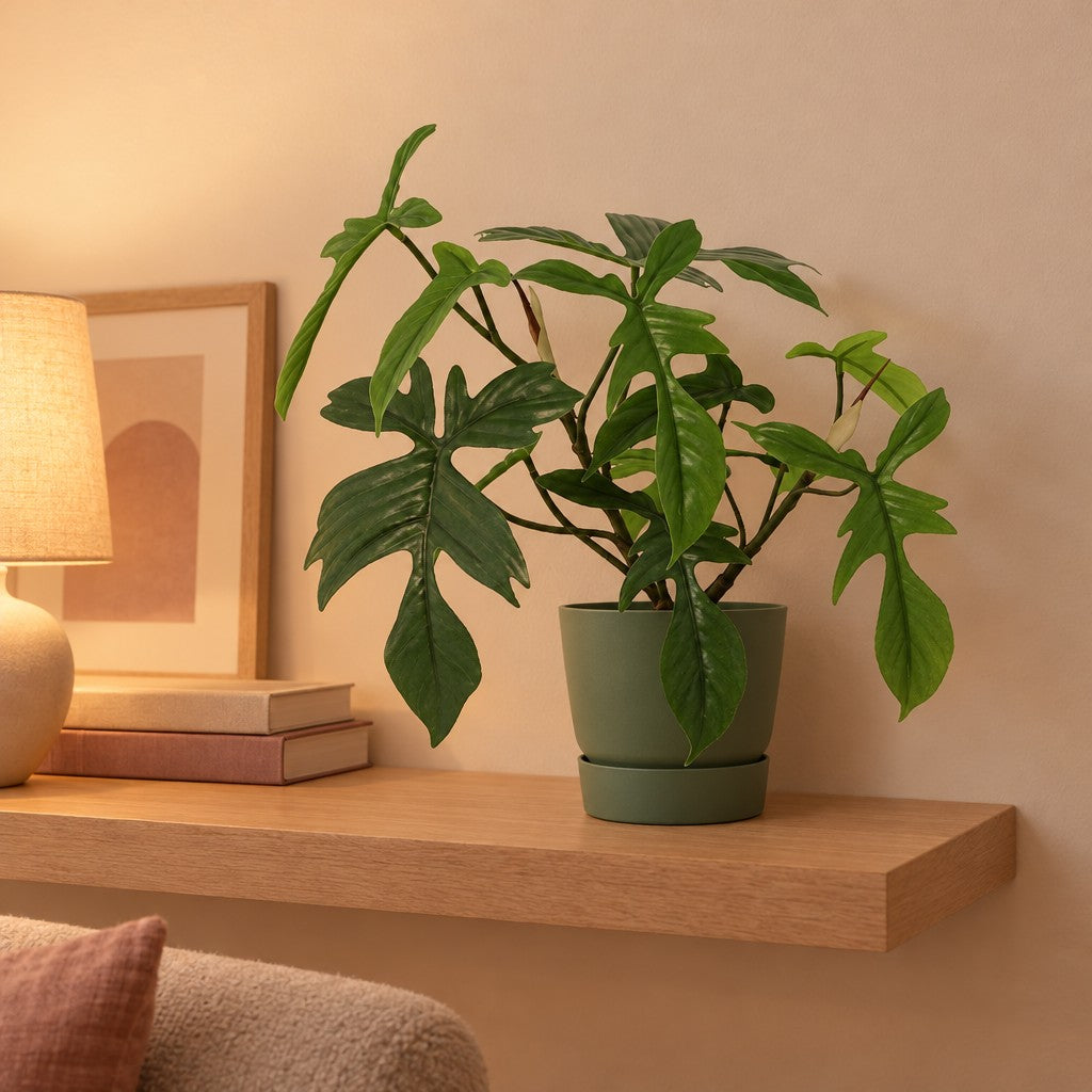 Übertopf elho Greenville Round, Ø 18 cm, Grün – Raumbild, so könnte es aussehen: mit Künstlicher Philodendron Florida (Philodendron 'Florida'), Höhe ca. 44 cm (separat erhältlich), Pflanze nicht enthalten
