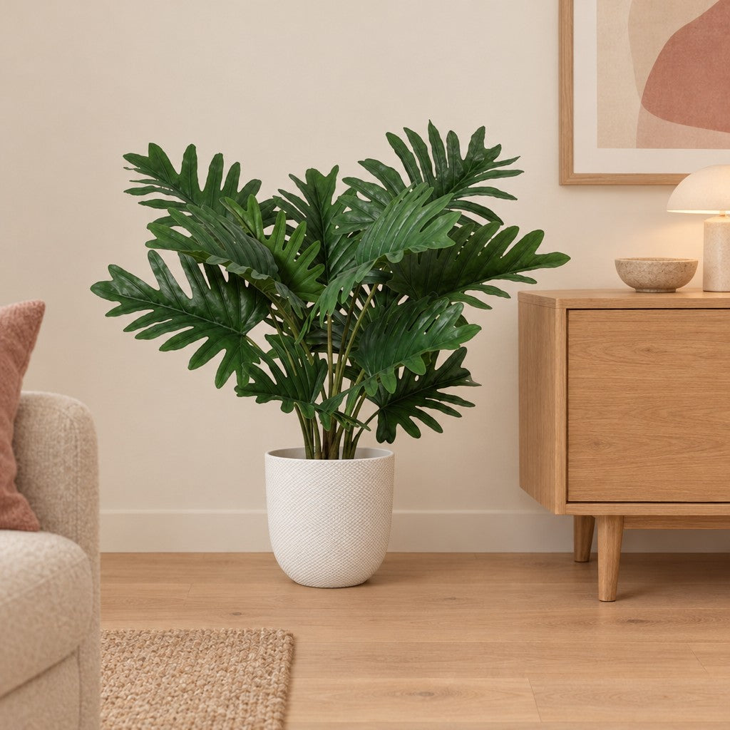 Künstlicher Philodendron (Philodendron selloum) mit Übertopf elho Jazz Round Weiß – Raumbild