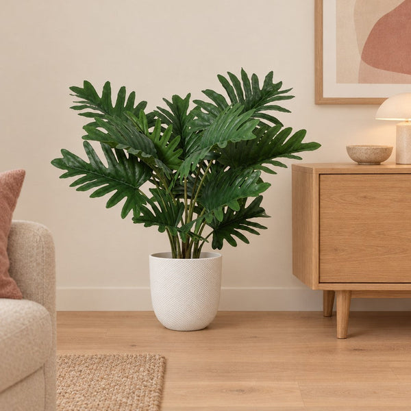 Künstlicher Philodendron (Philodendron selloum) mit Übertopf elho Jazz Round Weiß