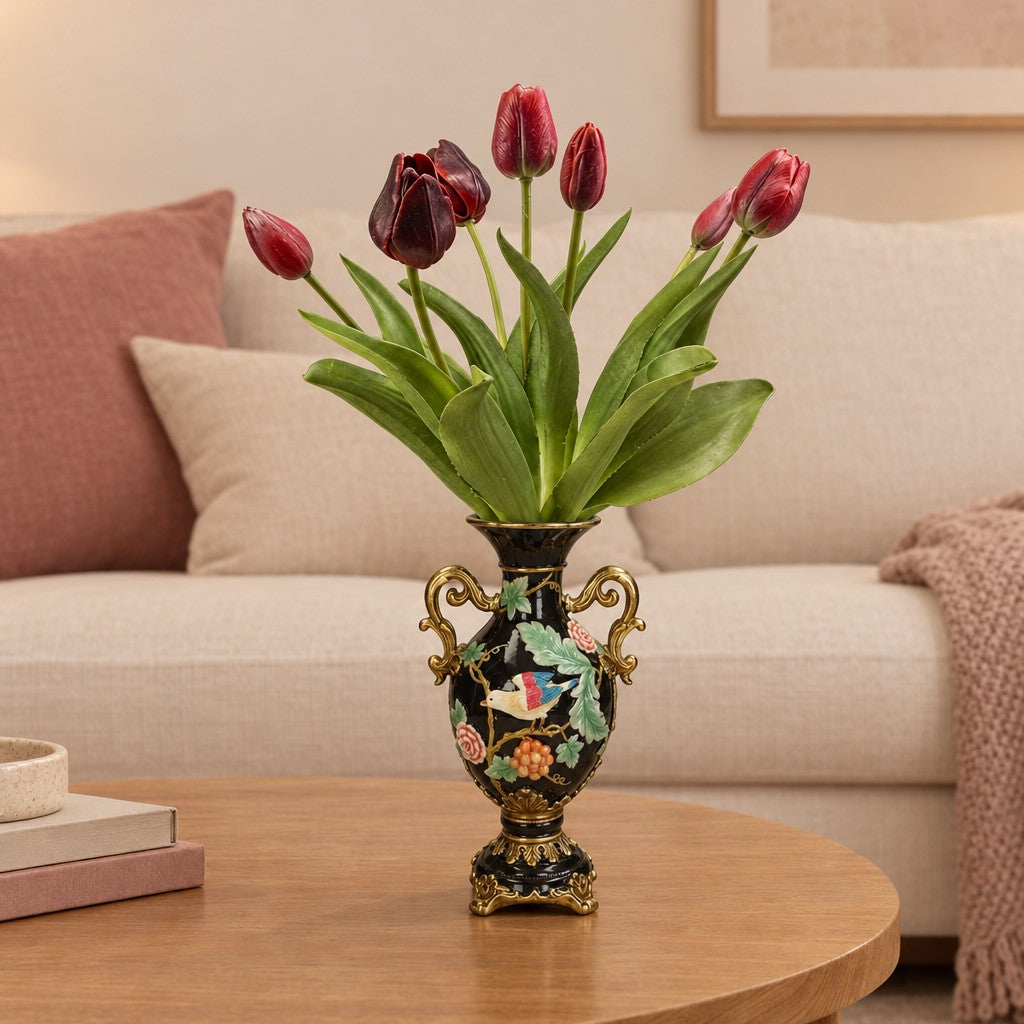 Kunsttulpen-Strauß Dunkelrot (Tulipa), Real Touch, 7 Stiele, Stiellänge ca. 42 cm – so könnte es aussehen: in Vase in Vogelform, Höhe ca. 31,5 cm, Bunt (separat erhältlich), Vase nicht enthalten