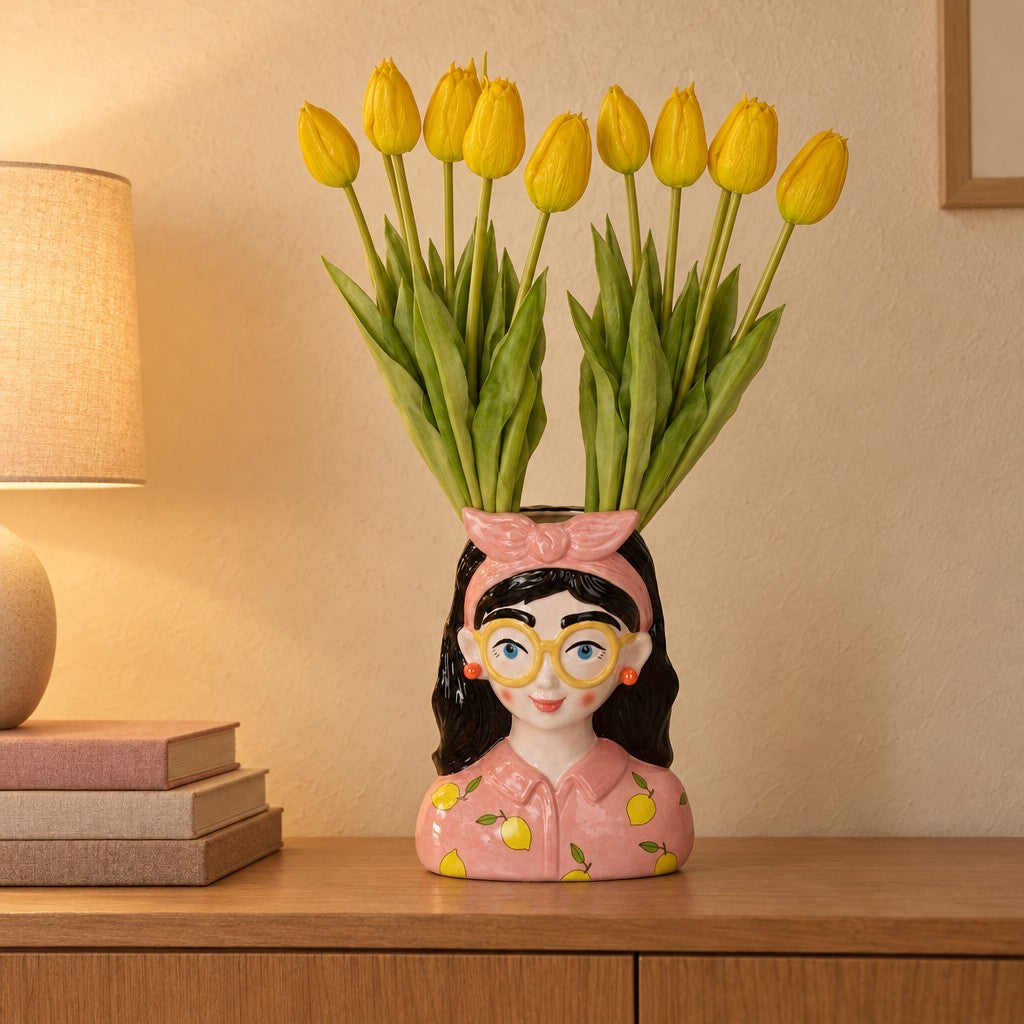 Kunsttulpen-Strauß Gelb (Tulipa), Real Touch, Stiellänge ca. 42 cm – so könnte es aussehen: in Vase Lady »Kylie« aus Dolomit, Höhe ca. 27 cm (separat erhältlich), 10 Stiele, Vase nicht enthalten