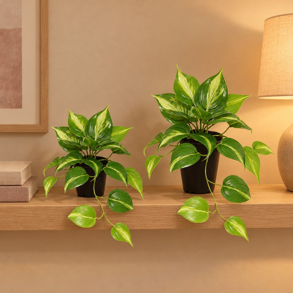Künstliches Efeututen-Duo Variegata (Epipremnum aureum), 23 und 37 cm – Raumbild, alle Teile zusammen