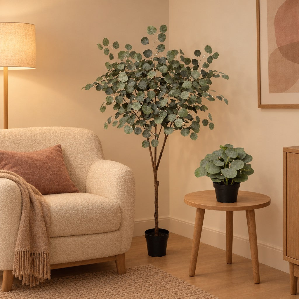Künstliches Eukalyptus-Duo groß und klein (Eucalyptus) – Raumbild, alle Teile zusammen