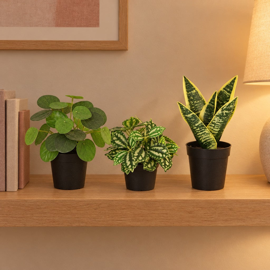 Künstliches Fensterbank-Trio: Ufopflanze (Pilea), Ice Water (Pilea cadierei) und Bogenhanf (Sansevieria) – Raumbild, alle Teile zusammen