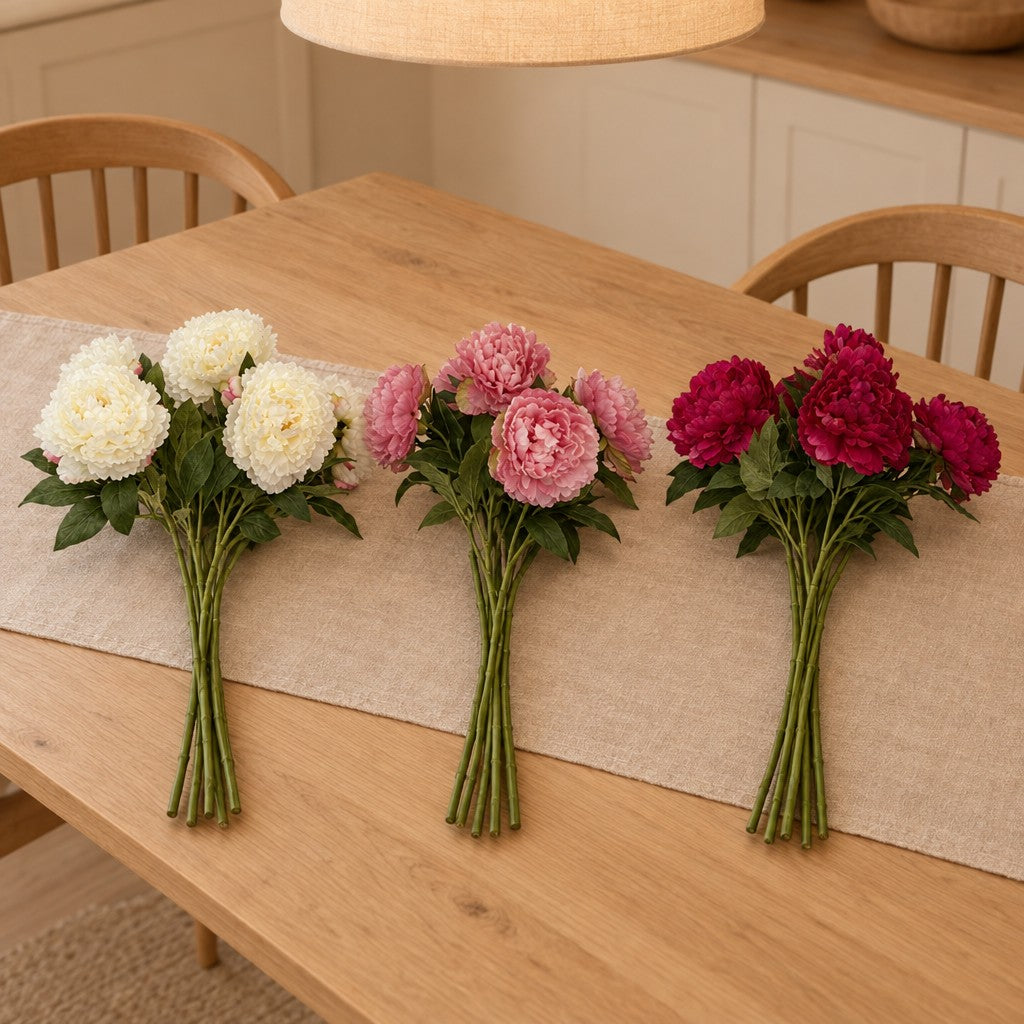 Künstliches Pfingstrosen-Trio Creme, Hellrosa und Dunkelrosa (Paeonia) – Raumbild, alle Teile zusammen