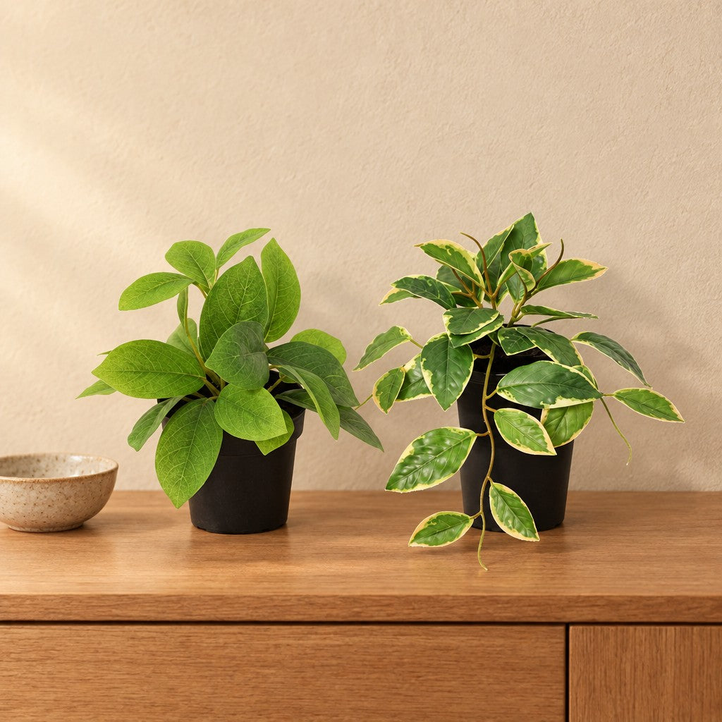 Künstliches Wachsblumen-Duo Grün und Variegata (Hoya) – Raumbild, alle Teile zusammen