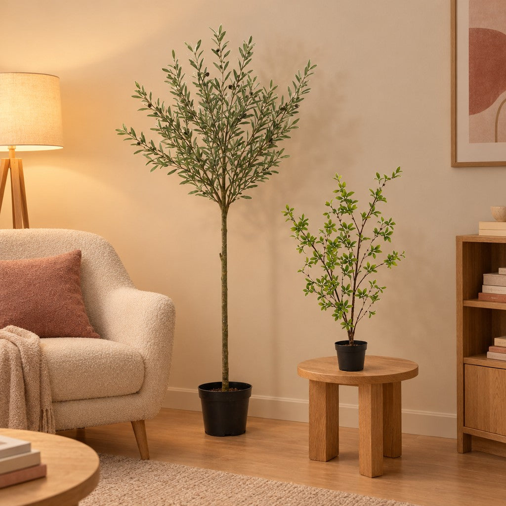 Mediterranes Duo: Künstlicher Olivenbaum (Olea europaea) und Myrte (Myrtus communis) – Raumbild, alle Teile zusammen