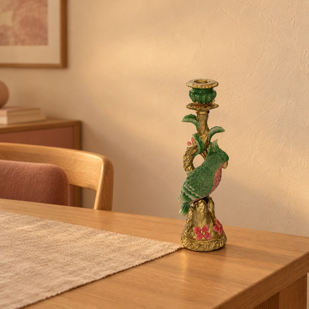 Kerzenhalter Vogel aus Polyresin, Höhe ca. 33,5 cm, Grün – Raumbild