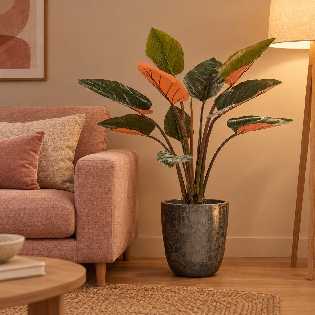 Künstlicher Philodendron Prince of Orange (Philodendron 'Prince of Orange'), ca. 120 cm – Raumbild, Übertopf nicht enthalten