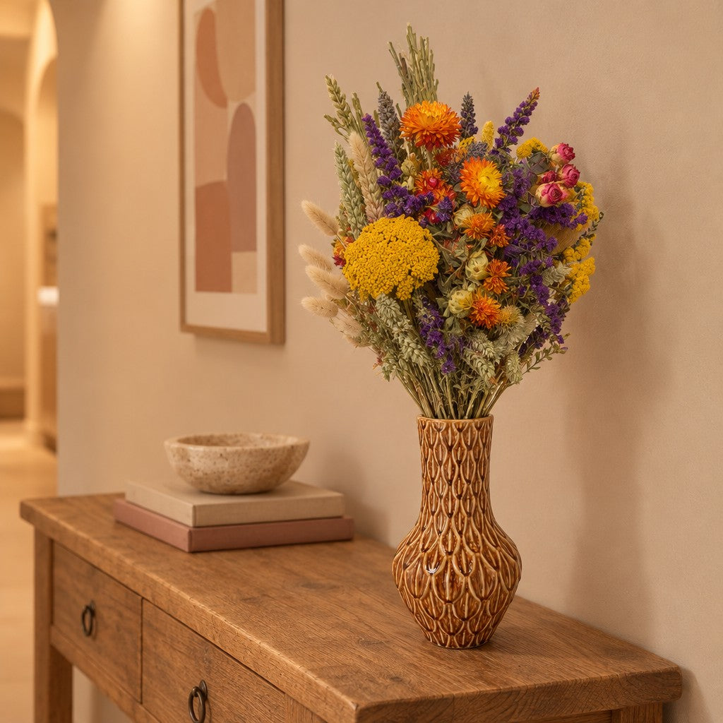 Trockenblumen-Strauß »Field Large« Orange, ca. 60 cm – Raumbild, Vase nicht enthalten