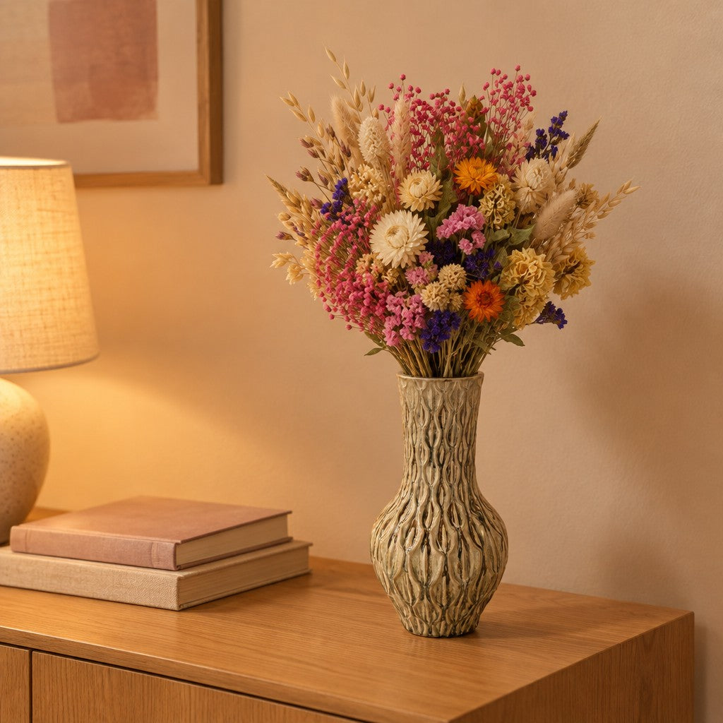 Trockenblumen-Strauß »Letterbox« Mix, ca. 35 cm – Raumbild, Vase nicht enthalten