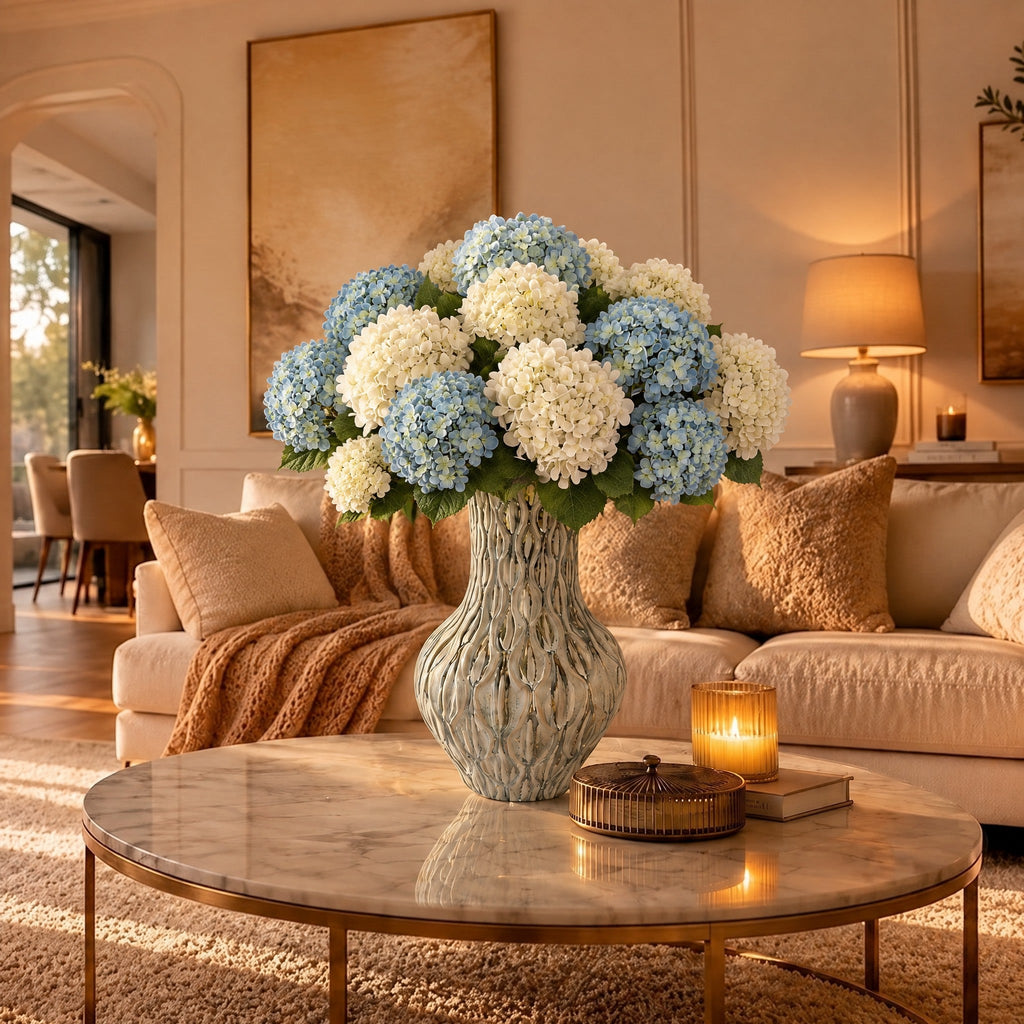 Künstliches Hortensien-Duo Blau und Weiß (Hydrangea) – so könnte es aussehen: alle 16 Stiele als gemischter Strauß in einer Vase (Vase nicht enthalten)
