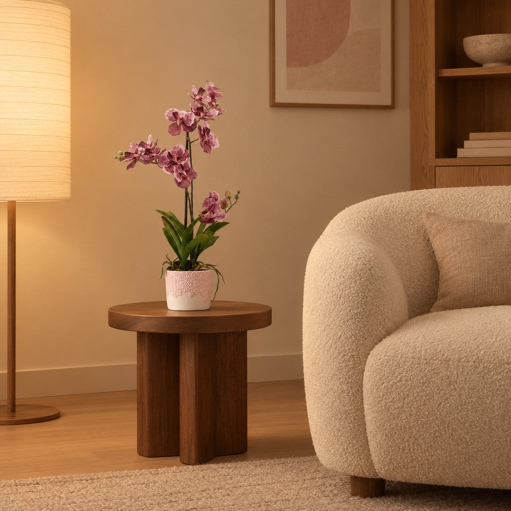 Künstliche Vanda-Orchidee, Altrosa, Höhe ca. 60 cm – Raumbild, so könnte es aussehen: mit Übertopf Kolibri Home Bloom, Rosa, Ø 12 cm (separat erhältlich), Übertopf nicht enthalten