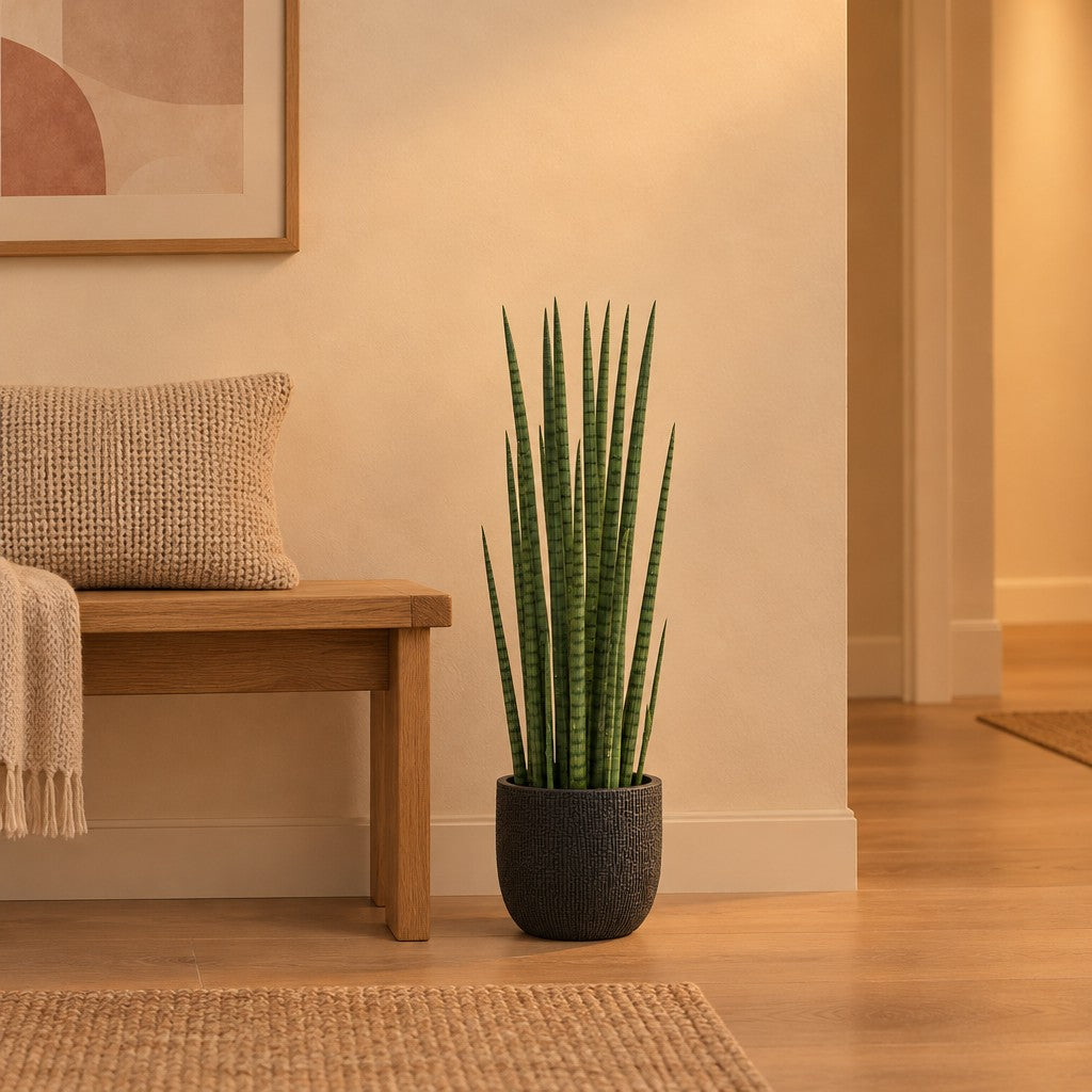Künstliche Sansevieria (Sansevieria cylindrica), Höhe ca. 70 cm – Raumbild, so könnte es aussehen: mit Übertopf Capi Nature Skin Bol, Ø 17 cm, Anthrazit (separat erhältlich), Übertopf nicht enthalten