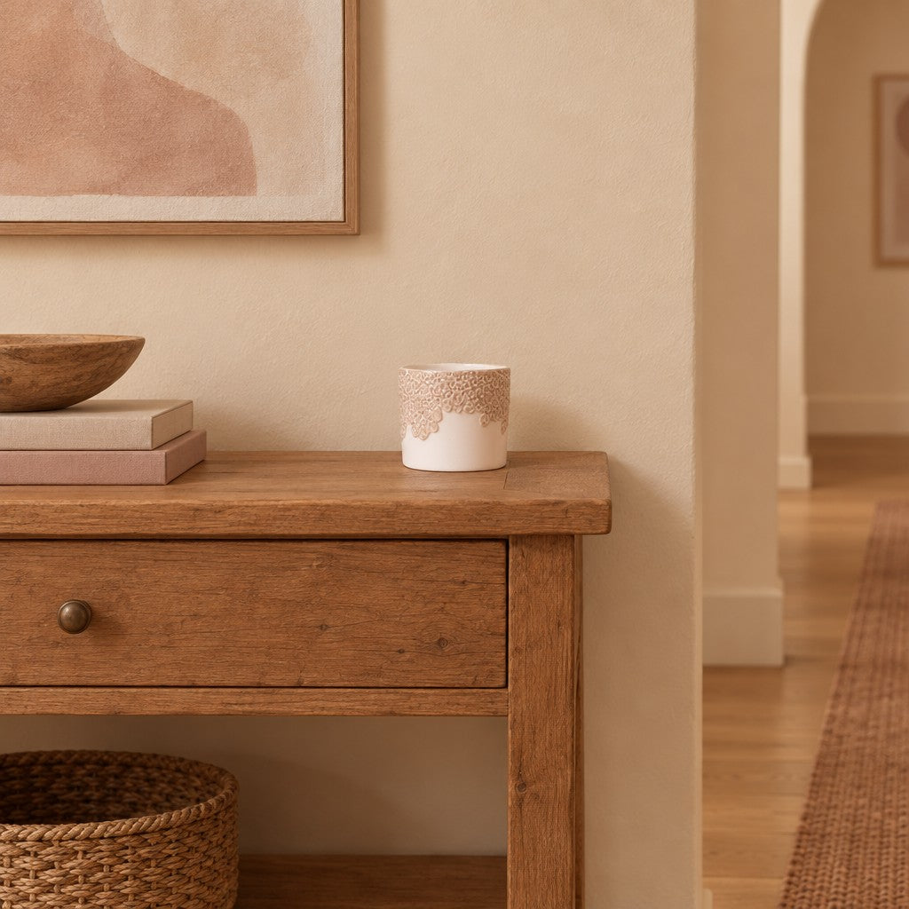 Übertopf Kolibri Home Bloom, Sand – Raumbild, Ø 9 cm