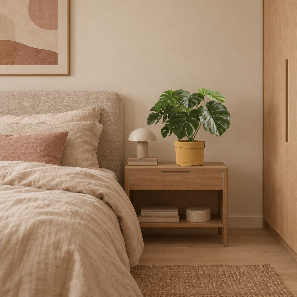 Pflanzbeutel Ocker, Ø 12 cm – Raumbild, so könnte es aussehen: mit Künstliche Monstera (Monstera deliciosa) (separat erhältlich), Pflanze nicht enthalten