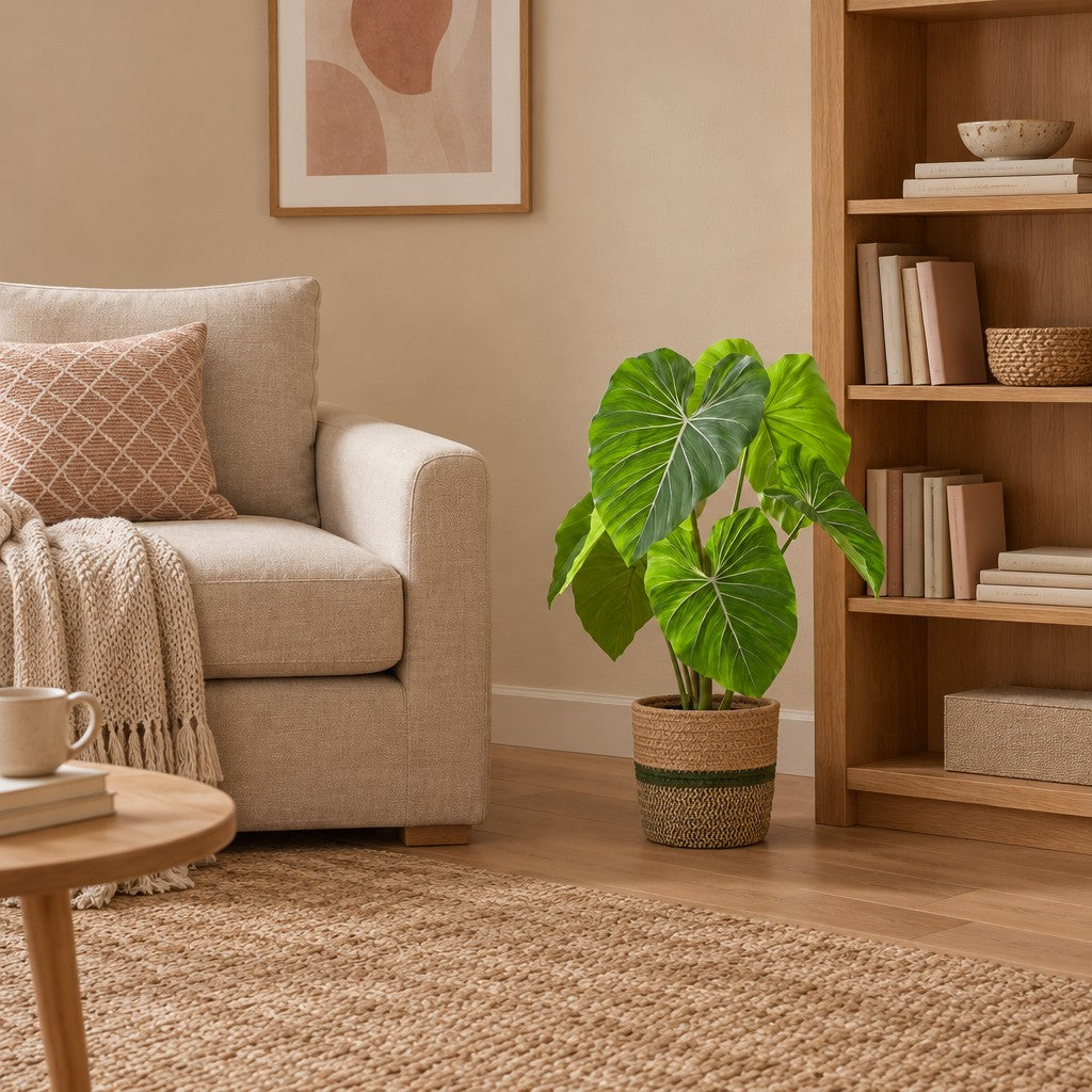 Pflanzkorb aus Seegras, Ø 28 cm – Raumbild, so könnte es aussehen: mit Künstlicher Philodendron, Höhe ca. 100 cm (separat erhältlich), Pflanze nicht enthalten