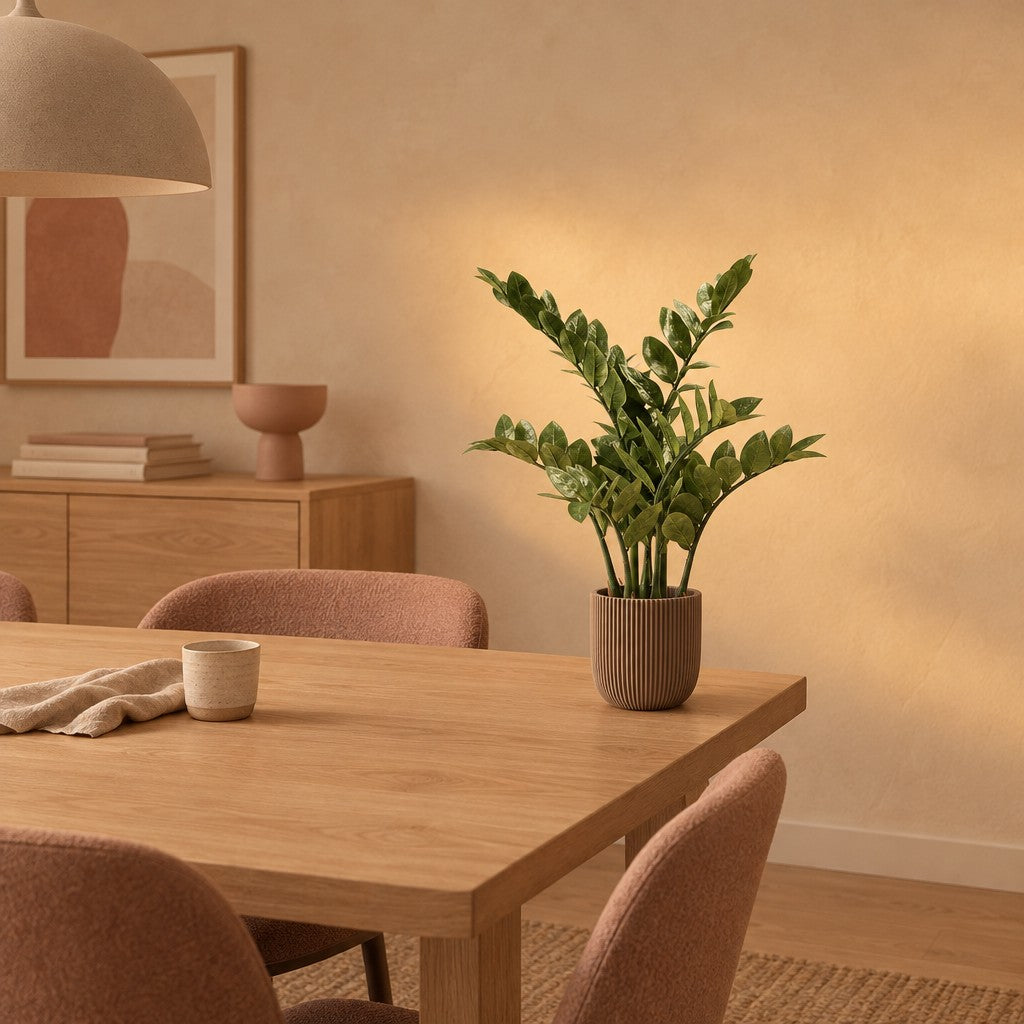 Übertopf Capi Nature Groove, Warm Taupe – Raumbild, so könnte es aussehen: mit Künstliche Zamioculcas (Zamioculcas zamiifolia) (separat erhältlich), Pflanze nicht enthalten, Ø 17 cm