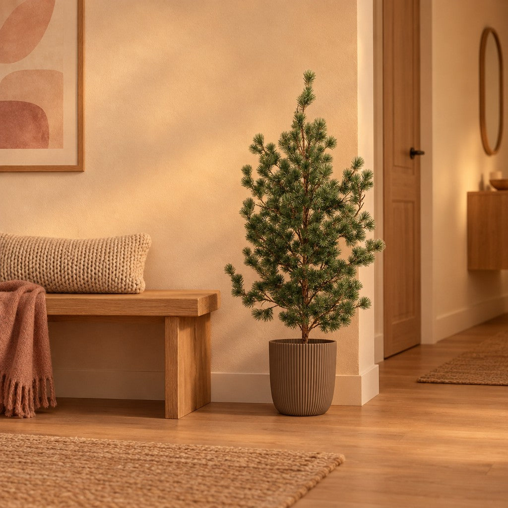 Übertopf Capi Nature Groove, Warm Taupe – Raumbild, so könnte es aussehen: mit Künstliche Jungkiefer (Pinus) (separat erhältlich), Pflanze nicht enthalten, Ø 25 cm
