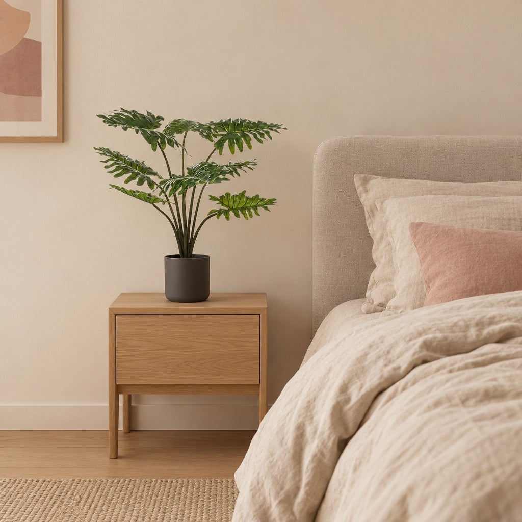 Übertopf elho B.for soft Anthrazit – Raumbild, so könnte es aussehen: mit Künstlicher Philodendron (Philodendron selloum) (separat erhältlich), Pflanze nicht enthalten, Ø 14 cm