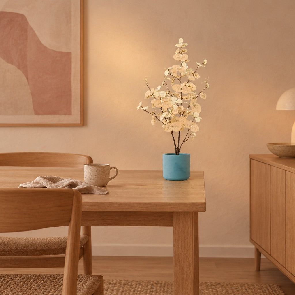 Übertopf elho Ocean Round Atlantikblau – Raumbild, so könnte es aussehen: mit Künstlicher Eukalyptus Weiß (Eucalyptus), Höhe ca. 86 cm (separat erhältlich), Pflanze nicht enthalten, Ø 18 cm