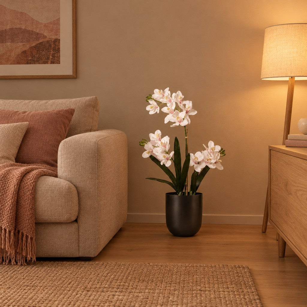 Übertopf Mayk Lead – Raumbild, so könnte es aussehen: mit Künstliche Phalaenopsis-Orchidee im Topf, Höhe ca. 71 cm (separat erhältlich), Pflanze nicht enthalten