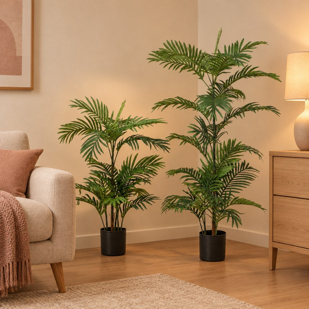 Künstliche Phoenix-Palme, Set aus 2 Palmen, Höhe ca. 90 und 120 cm – Raumbild, alle Teile des Sets zusammen