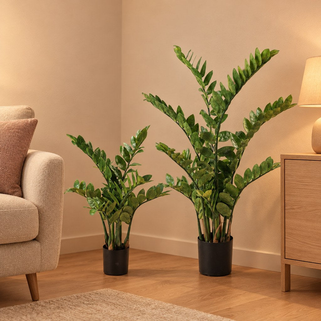 Künstliche Zamioculcas (Zamioculcas zamiifolia), Set aus 2 Pflanzen, Höhe ca. 70 und 110 cm – Raumbild, alle Teile des Sets zusammen