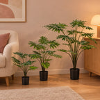 Künstlicher Philodendron (Philodendron selloum), Set aus 3 Pflanzen, Höhe ca. 60 / 80 / 105 cm – Raumbild, alle Teile des Sets zusammen