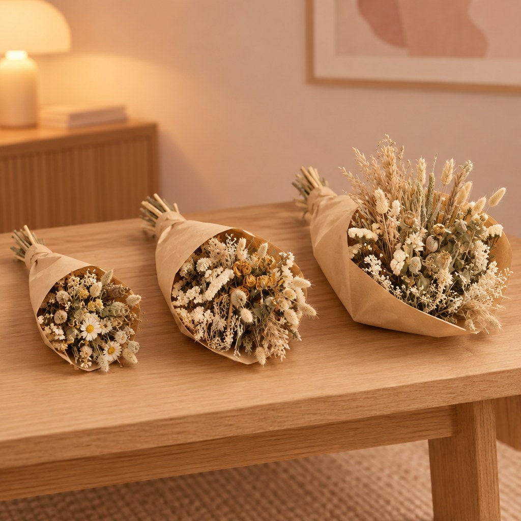 Trockenblumen-Strauß »Field« Natur, Set aus 3 Sträußen, Höhe ca. 35 / 50 / 60 cm – Raumbild, alle Teile des Sets zusammen
