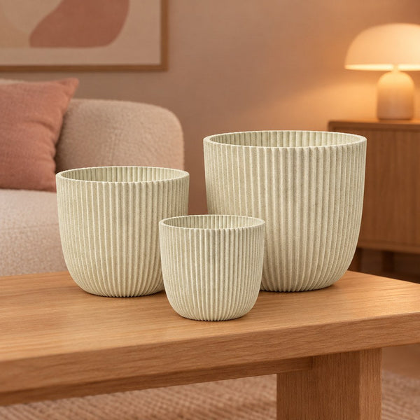 Übertopf Capi Nature Groove, Beige, Set aus 3 Übertöpfen, Ø 17 / 22 / 25 cm