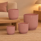 Übertopf elho Vibes Fold Round Rosa, Set aus 4 Übertöpfen, Ø 14 / 18 / 22 / 25 cm – Raumbild, alle Teile des Sets zusammen