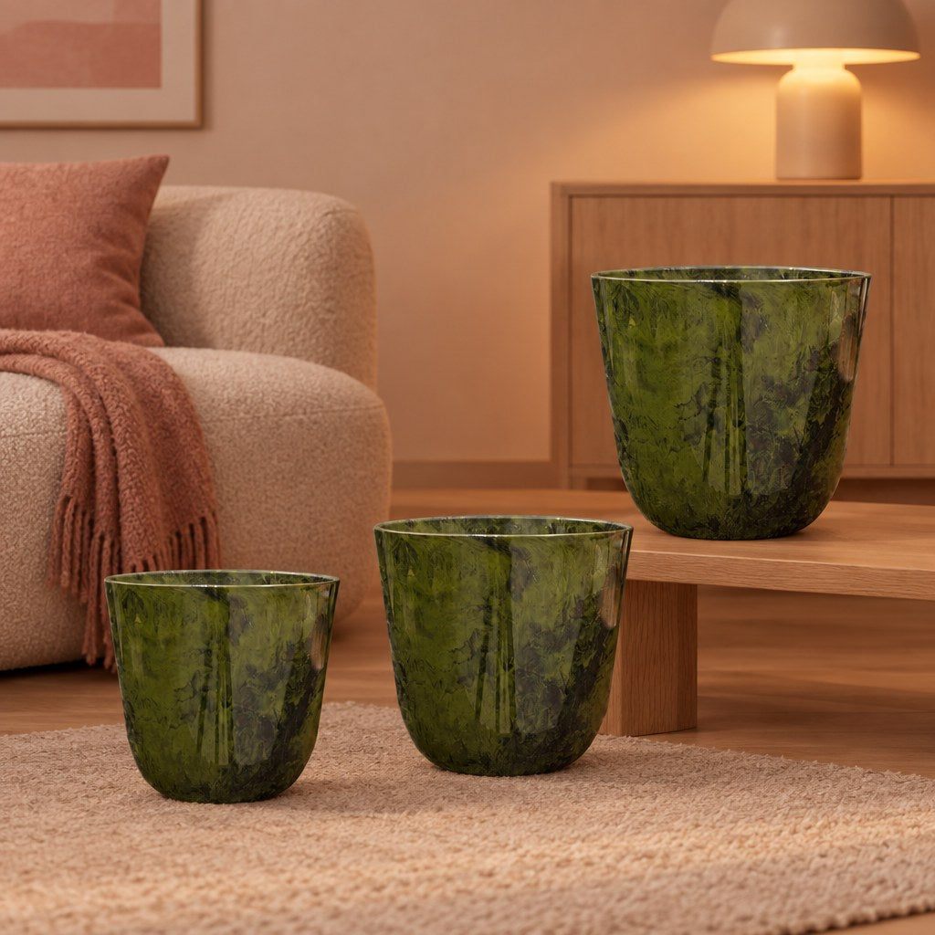 Übertopf Palermo Marmoroptik Grün, Set aus 3 Übertöpfen, Ø 27 / 30 / 35 cm – Raumbild, alle Teile des Sets zusammen