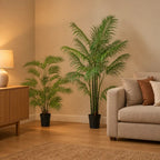 Künstliche Areca-Palme (Dypsis lutescens), Set aus 2 Palmen, Höhe ca. 122 und 190 cm – Raumbild, alle Teile des Sets zusammen