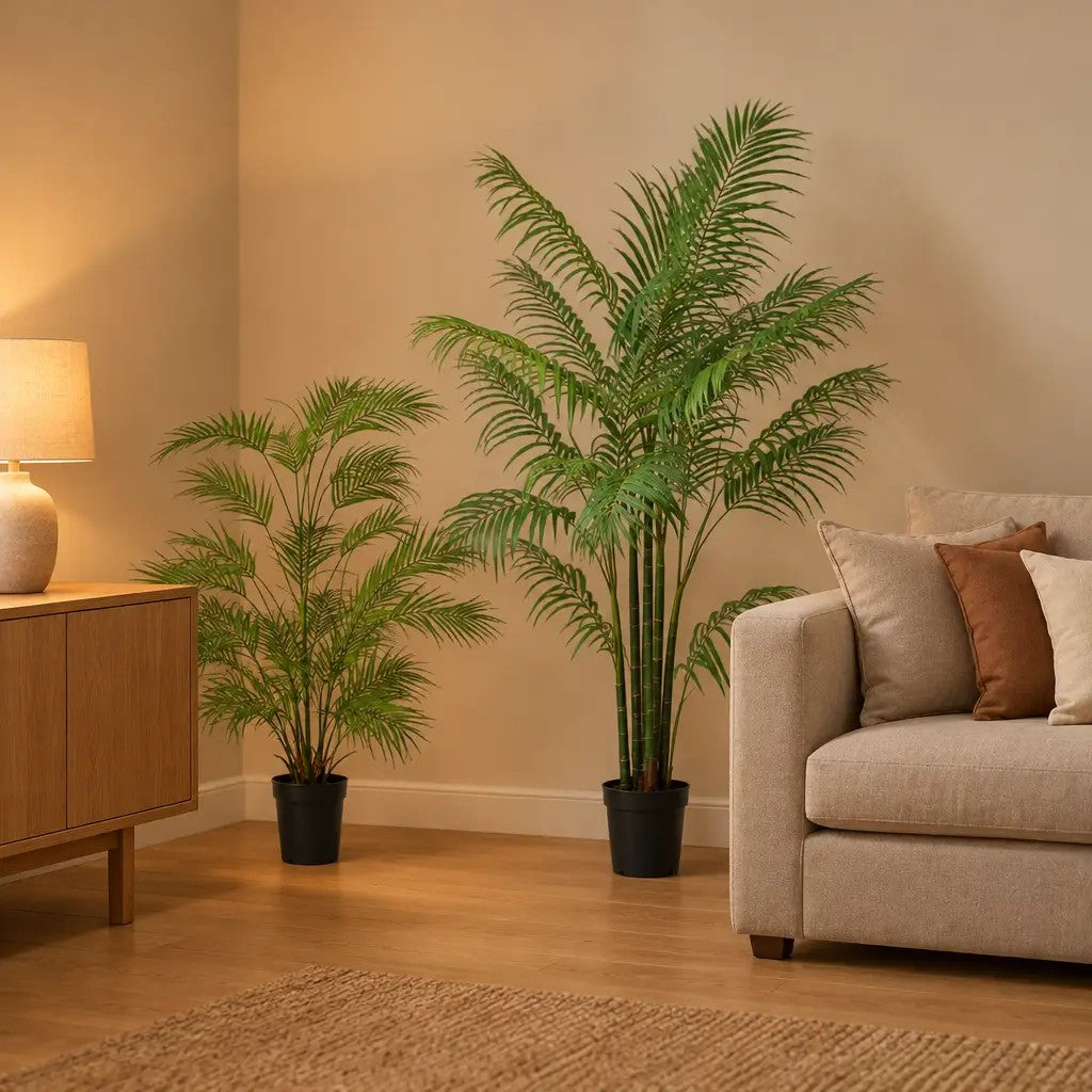 Künstliche Areca-Palme (Dypsis lutescens), Set aus 2 Palmen, Höhe ca. 122 und 190 cm – Raumbild, alle Teile des Sets zusammen