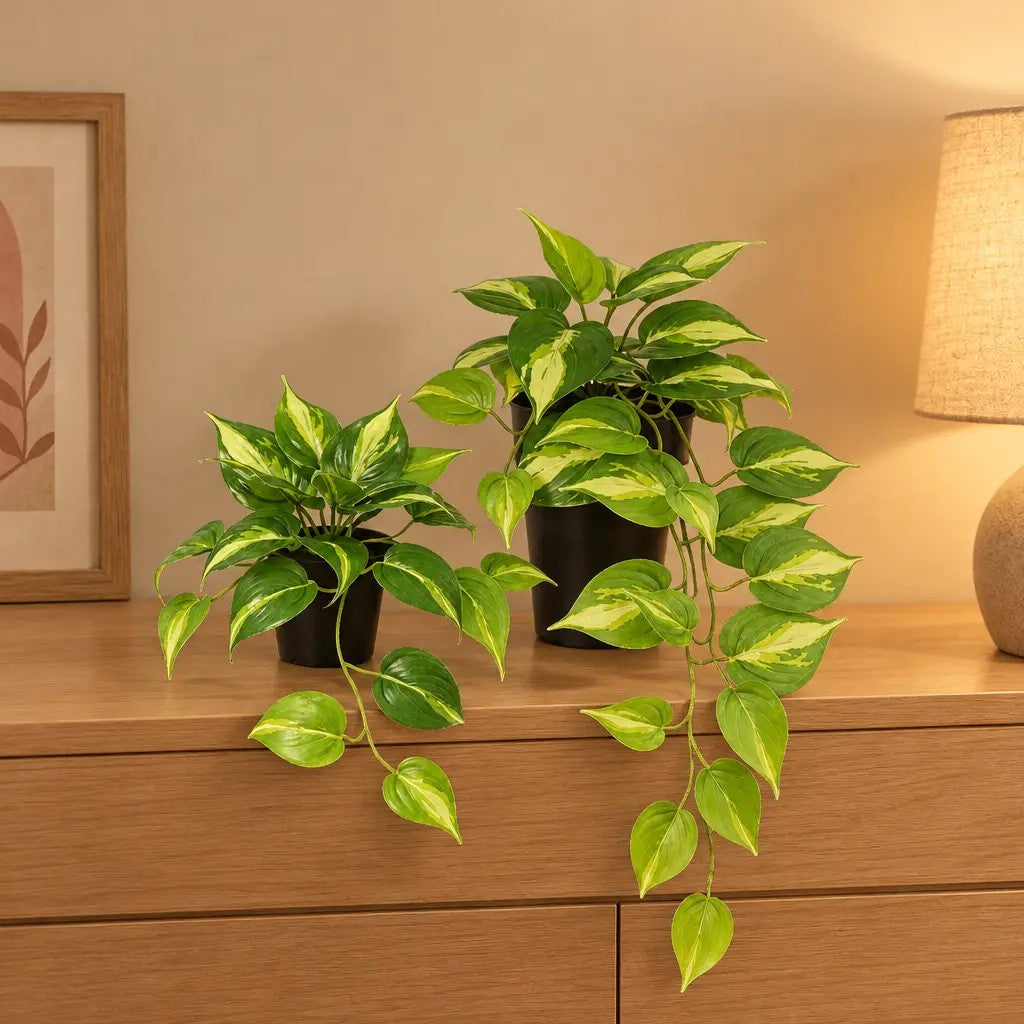 Künstliche Efeutute Variegata (Epipremnum aureum), Set aus 2 Pflanzen, Länge ca. 23 und 37 cm – Raumbild, alle Teile des Sets zusammen