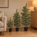Künstliche Jungkiefer (Pinus), Set aus 3 Bäumen, Höhe ca. 80 / 120 / 150 cm – Raumbild, alle Teile des Sets zusammen