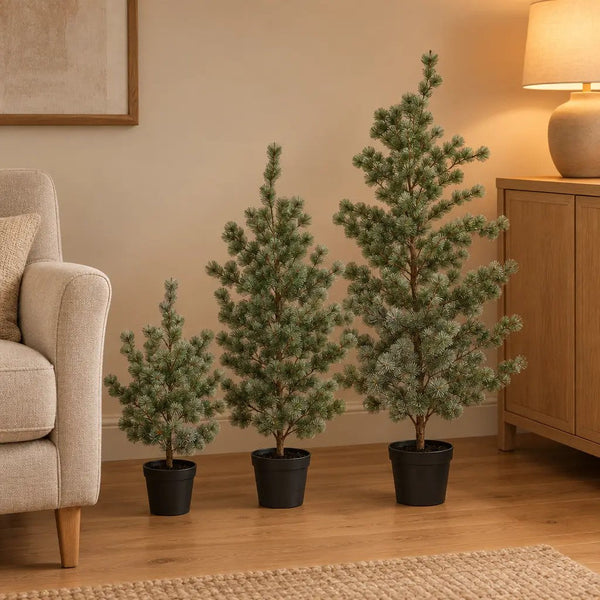 Künstliche Jungkiefer (Pinus), Set aus 3 Bäumen, Höhe ca. 80 / 120 / 150 cm
