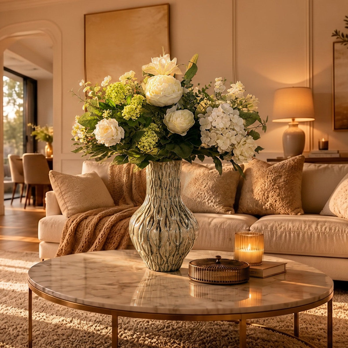Kunstblumen-Strauß White Dream mit Vase Boa Grün auf dem Couchtisch im Wohnzimmer